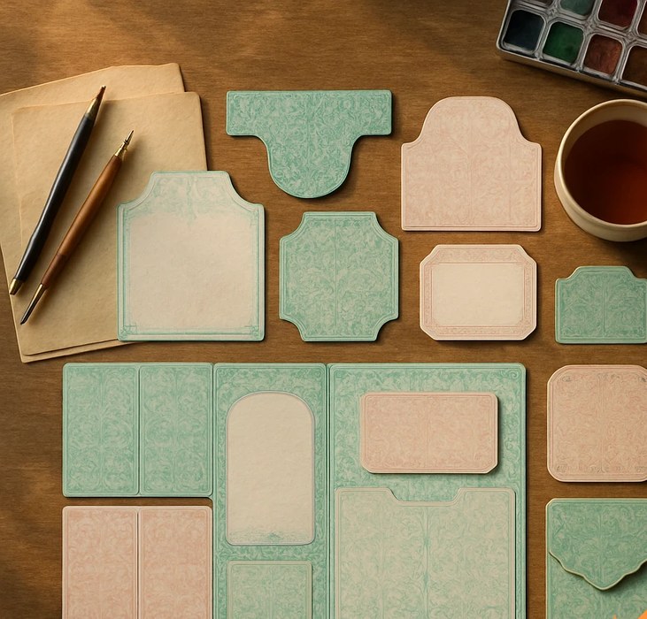 Overhead view of a creative workspace with watercolors, pens, and herbal tea on a wooden table