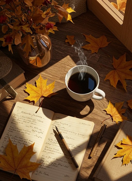 An open journal with fountain pen, steaming coffee, and autumn leaves on a wooden table
