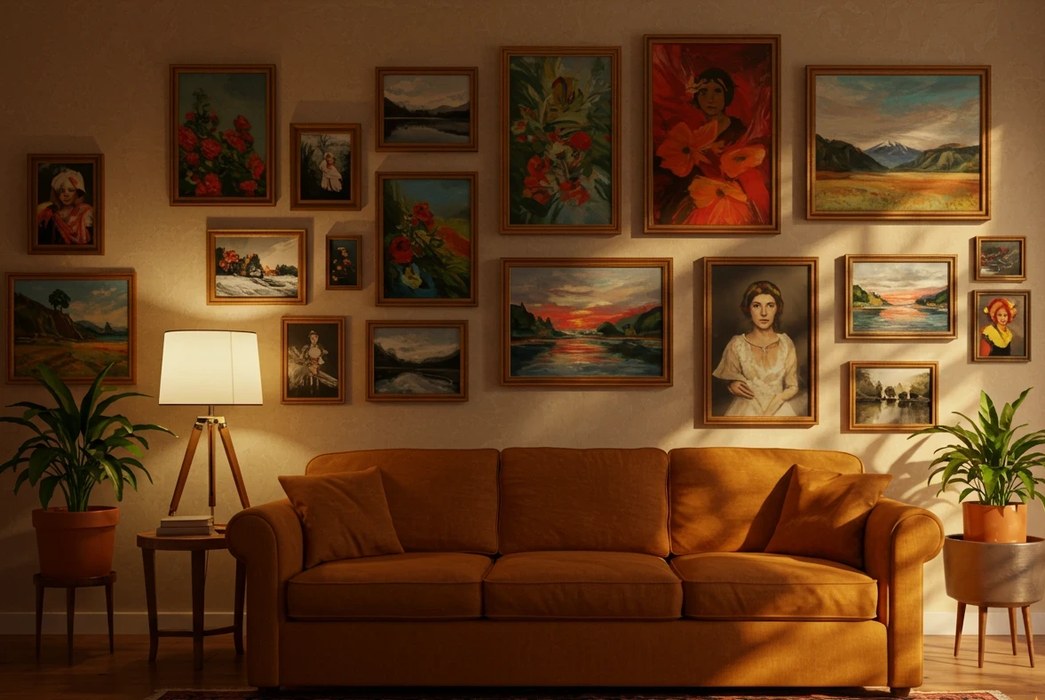 A warmly lit living room with a gallery wall of framed paintings and eclectic plants