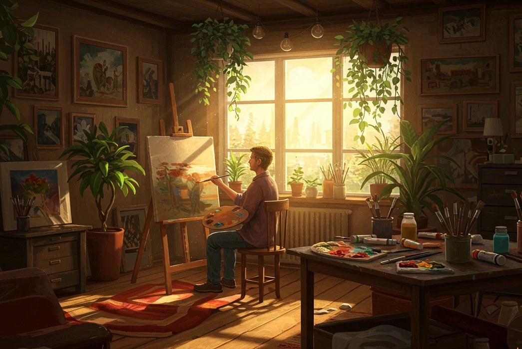 An artist painting at an easel in a warm, plant-filled studio with golden light