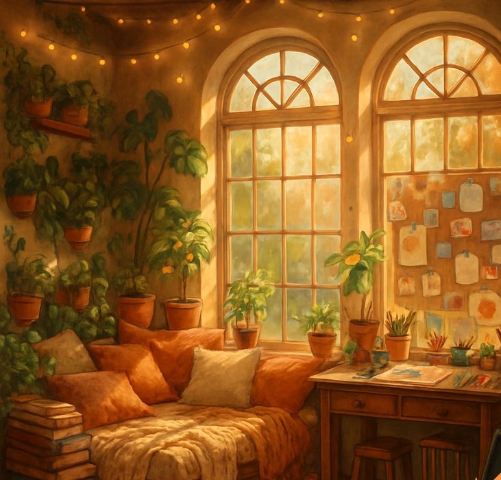 A sunlit bohemian studio nook with arched windows, plants, and an art desk
