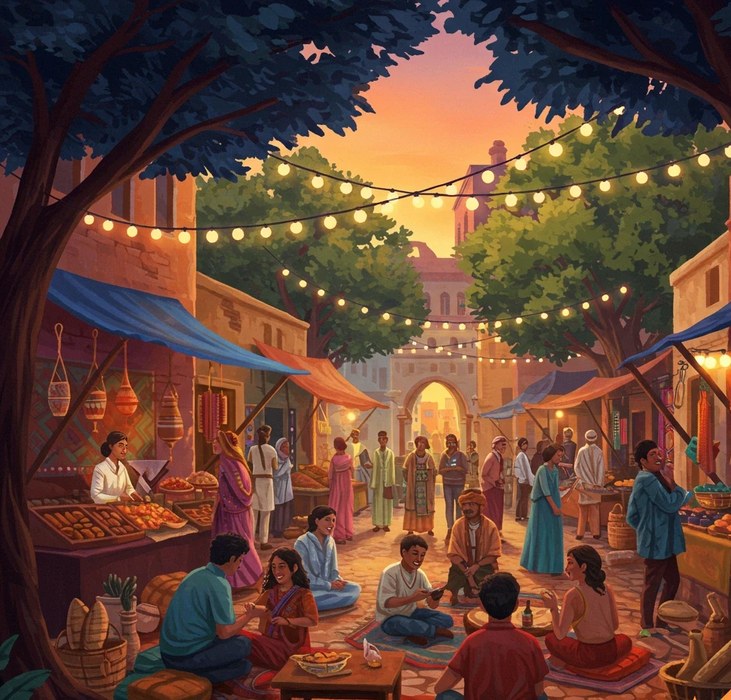 A vibrant illustrated outdoor marketplace at sunset with colorful stalls and string lights