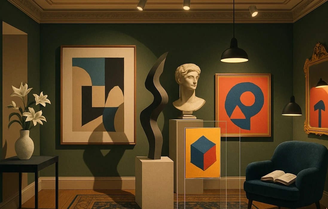 A richly styled collector's room with abstract art, dark green walls, and an armchair