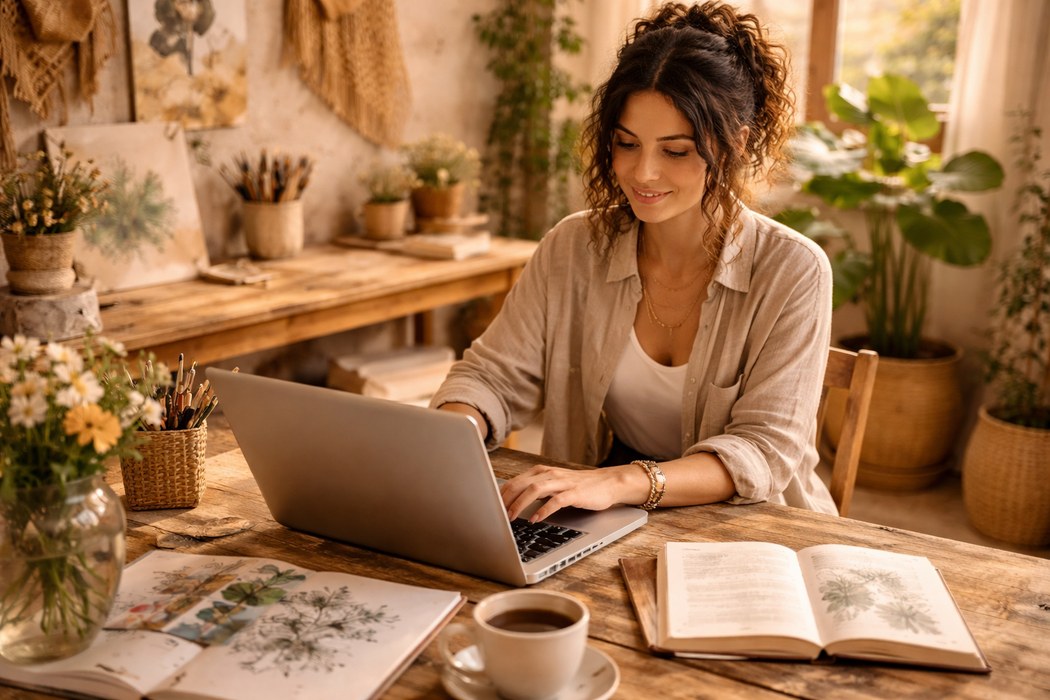 An artist browsing their portfolio online, laptop glowing in warm studio light