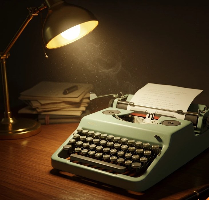 A vintage sage green typewriter on a warm wooden desk lit by a brass lamp