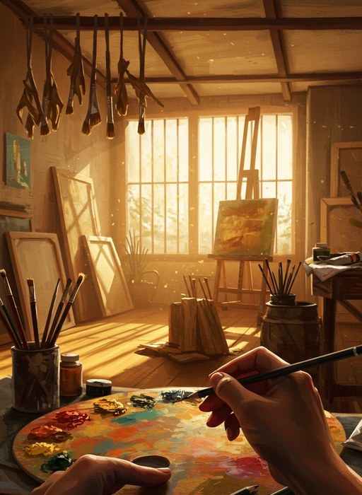 First-person view of hands painting on a colorful palette in a sunlit artist's studio