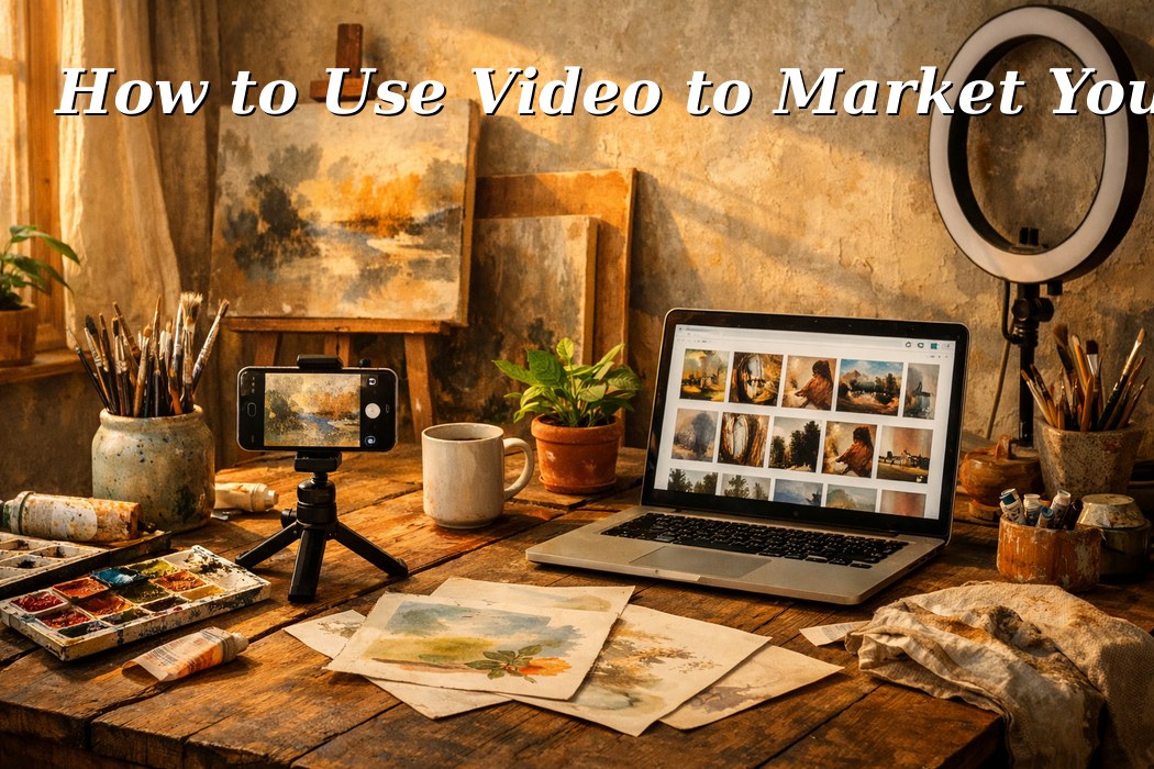 An artist filming their work process with a camera setup in a warm, plant-filled studio