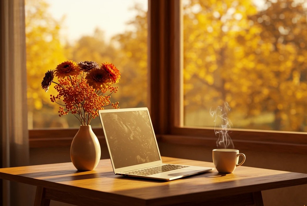 A warm autumn desk with laptop, fall flowers, and steaming coffee by a sunlit window